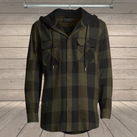 No Boundaries Men's Hooded Flannel Shirt Army Green and Black Checked - Picture 9 of 10